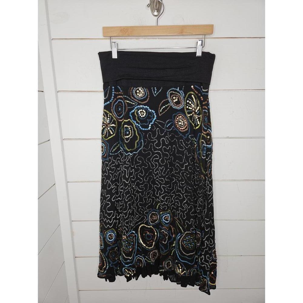 Basil & Maude size 6 black heavily beaded A-line skirt